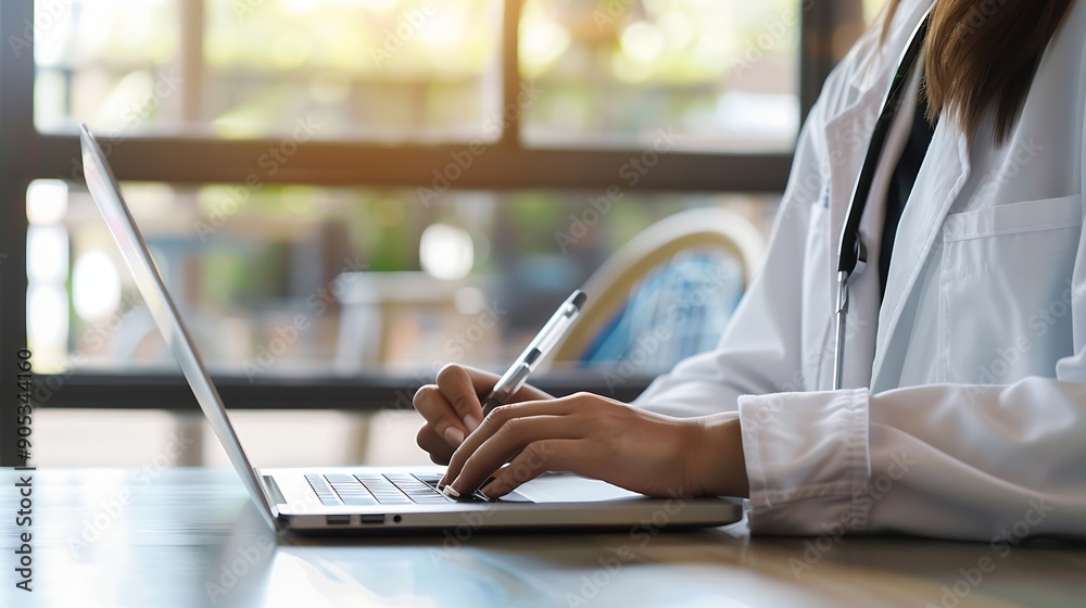 Poster woman scientist and research with laptop and tablet for results medical study or exam on new discove