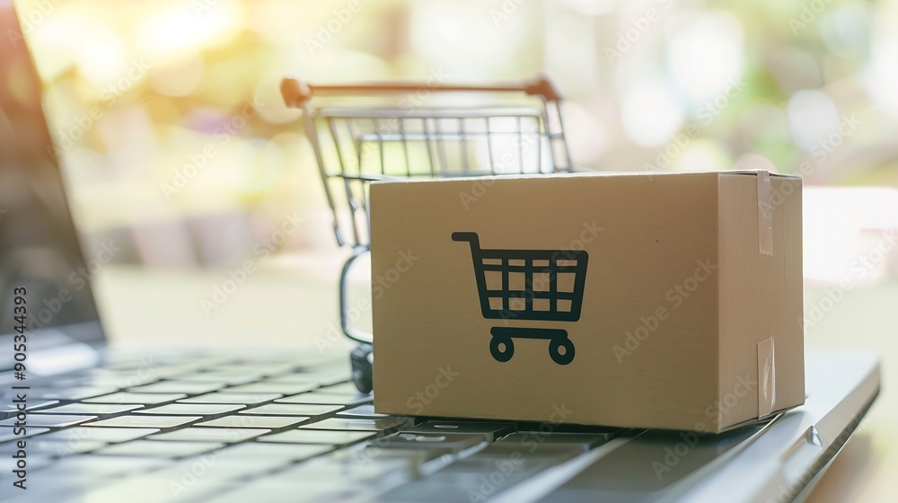 Poster shopping online cardboard box with a shopping cart logo in a trolley on laptop keyboard shopping ser