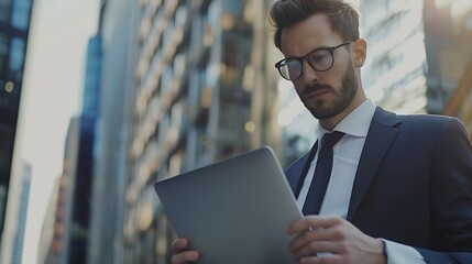 Fototapeta premium Handsome 30s top manager work laptop Entrepreneur type computer macbook Business man look monitor Young male businessman Urban city background 40s employee create start up Ceo office b : Generative AI