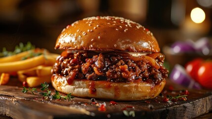 a close up of a sloppy joe sandwich with french fries