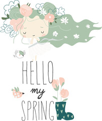 Beautiful cartoon girl with streaming hear. Vector illustration