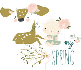 Beautiful cartoon girl with cute deer. Best friends. Vector illustration