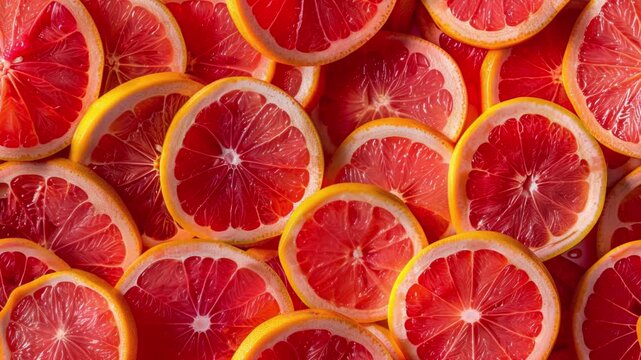 Animated video background with seamless loop of juicy grapefruit, top view endless movement animation of red orange fruit backdrop