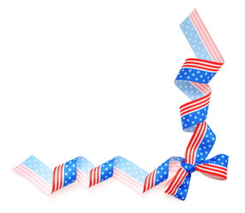 Obraz premium Ribbon bow with American flag pattern isolated on white, top view