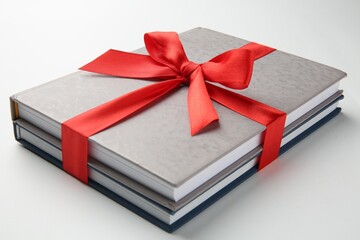 Books tied with red ribbon on white background, closeup