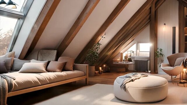 Interior of cozy mansard loft bedroom apartment with double bed and big windows.