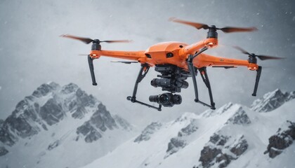 Fototapeta premium A search and rescue drone hovering above a snow-covered mountain during a blizzard, capturing thermal images of the terrain below despite the harsh winds and limited visibility. 