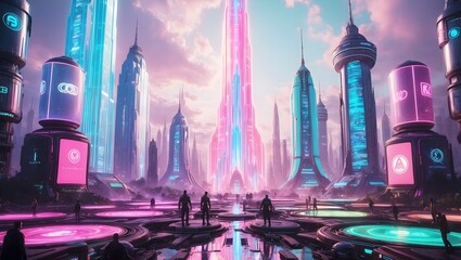 Render of a holographic city, VR technology, Technology, Sci-fi illustration and backgrounds.