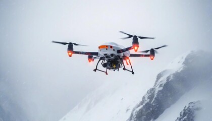 Fototapeta na wymiar A search and rescue drone hovering above a snow-covered mountain during a blizzard, capturing thermal images of the terrain below despite the harsh winds and limited visibility. 