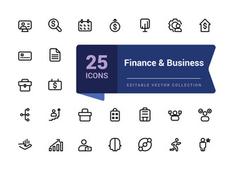 Finance and Business icon pack. Set of line icon related to income, salary, money, business. Minimalist thin linear web ui icon set. Simple editable vector stroke illustration.
