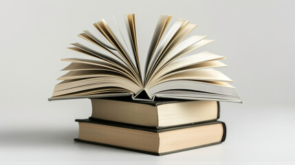 Obraz premium A stack of open books with one flipped open on top, symbolizing knowledge, learning, and education.