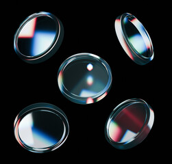 Colorful Glass 3d coins rendered with light distortion trendy dispersion