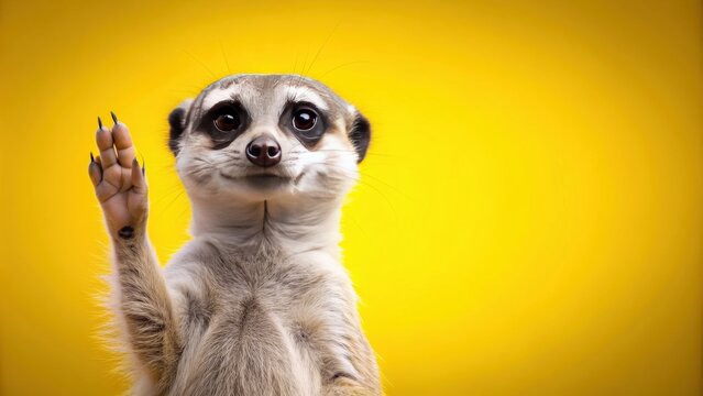 Friendly Surikat on yellow background stretches paw and shows palm with up gesture , Surikat, friendly, stretching, paw, palm