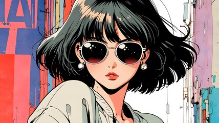 Stylish Japanese Girl with Sunglasses Anime Retro Style