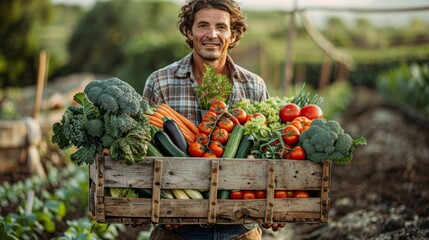 Obraz premium A Smiling Farmer Holding a Bounty of Fresh Vegetables in a Field at Sunset. Generative AI