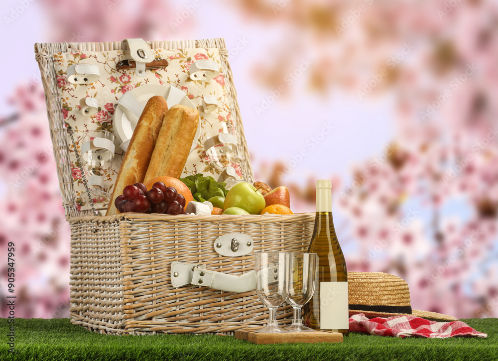 Canvas Prints Picnic basket with foods and wine on green grass outdoors. Space for text