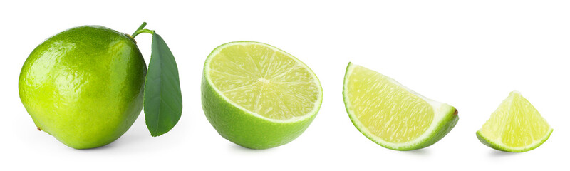 Fresh lime isolated on white, collage. Whole, half and slices