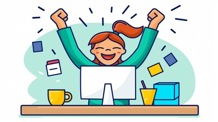 Excited Female Character Raises Arms in Victory: Joyful Office Desk Cartoon Illustration
