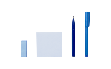 Blue stationery cutout of a sticky note with a sign pen and ballpoint pen and a square sticky note as an index