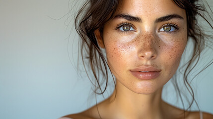 A woman with green eyes and a light brown complexion