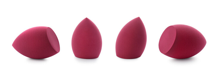 Collage with burgundy makeup sponge isolated on white