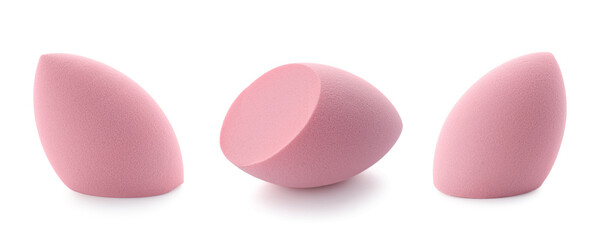 Collage with pink makeup sponge isolated on white