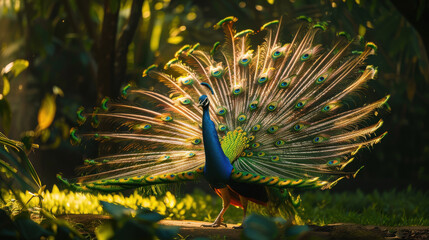 Obraz premium A stunning peacock displaying its colorful tail feathers in a lush, tropical garden, with sunlight illuminating its vibrant plumage.