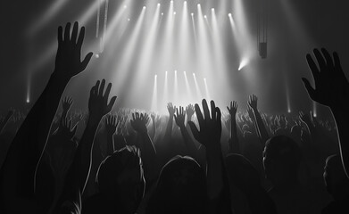 A black-and-white photograph captures an energetic crowd at a concert, with raised hands and bright stage lights.
