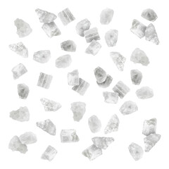 Sea salt crystals in air on white background