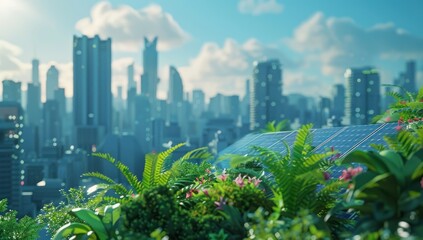 Fototapeta premium Solar Panels and Greenery on Rooftop with City Skyline