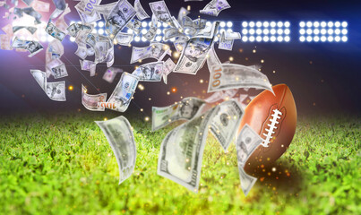 Money flying from American football ball on stadium. Banner design