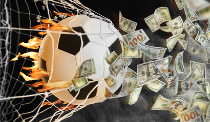 Money flying from scored ball in net on black background. Banner design