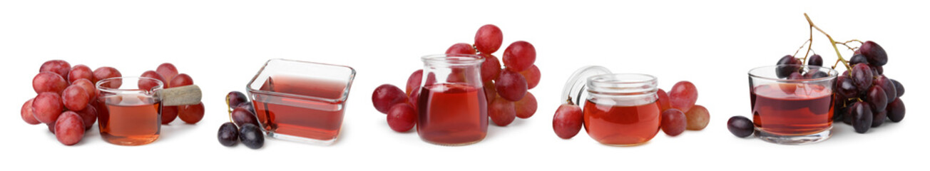 Wine vinegar and fresh grapes isolated on white, set