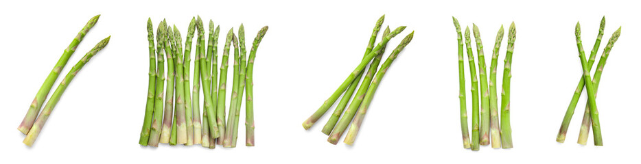 Set of fresh asparagus spears on white background, top view