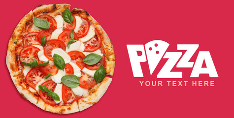 Tasty pizza on red background. Banner design with space for your text