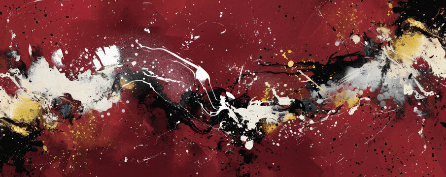 A bold burgundy background with dynamic, splattered paint effects in contrasting colors like white, black, and gold, creating an energetic and chaotic appearance.
