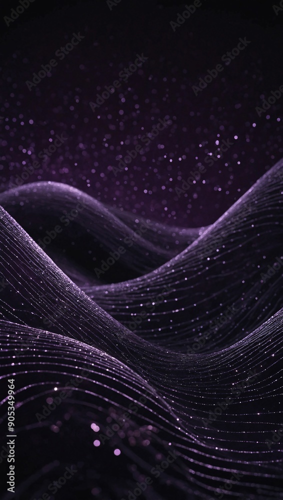 Sticker Modern dark purple backdrop with silver wave patterns and glowing dots, high resolution