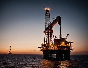 Fototapeta premium A large illuminated offshore oil rig stands tall in the water at dusk. The rig's lights cast a warm glow against the darkening sky, while the platform's silhouette is framed by the rippling water. AI.