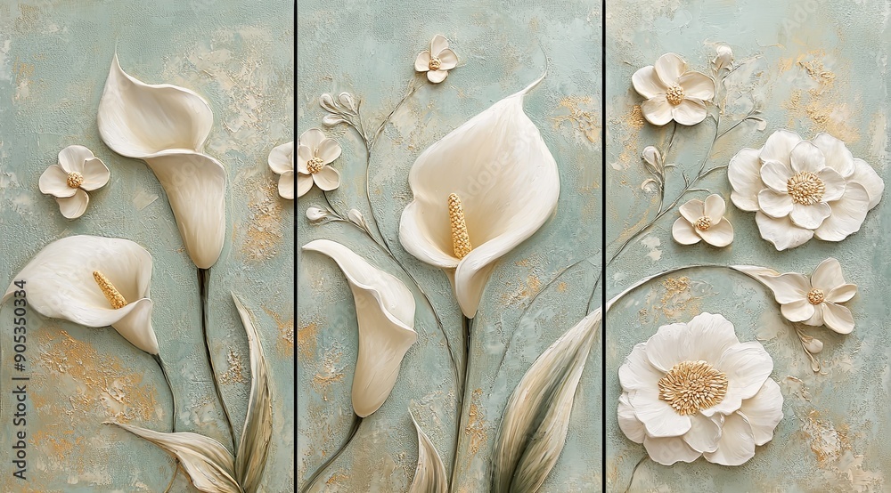 Wall mural A set of 3 canvasses with the same ratio, illustrating white calla lilies and peonies on a muted mint green background.