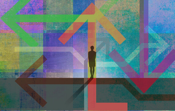 Woman contemplating lots of arrows in different directions