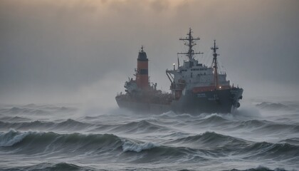 A cargo ship struggling through dense fog and towering waves in the early morning, with visibility near zero and the eerie sound of foghorns echoing.
