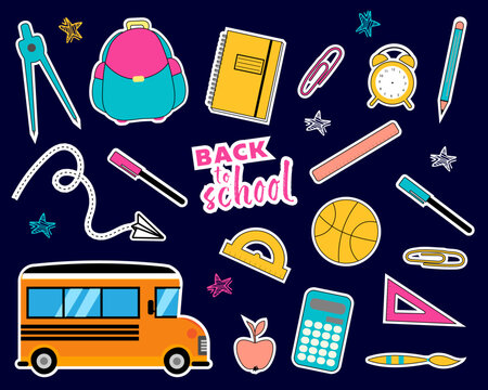 Design of colorful bright stickers on the Back to School theme. School stationery in doodle style on a dark blue background