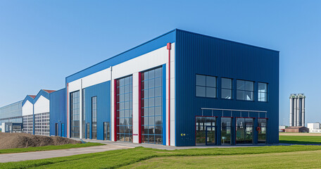 Fototapeta premium Exterior of an industrial warehouse dock station with blue walls and red edges, surrounded by green grass. Commercial storehouse building, business unit, cargo factory, distribution, logistics.