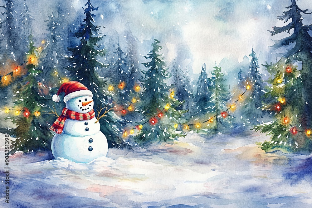 Sticker A watercolor painting of a snowy forest with evergreen trees adorned with Christmas lights