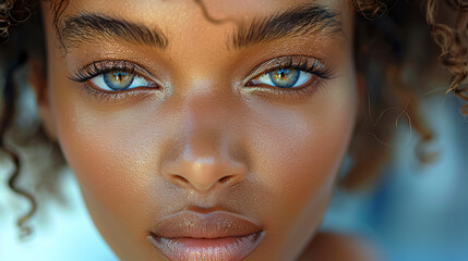 A woman with brown hair and brown eyes is wearing makeup