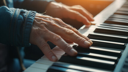 Close-up of a person’s hands playing the piano, showcasing musical talent and passion.
