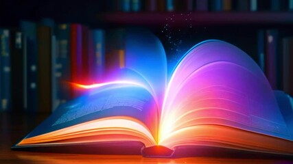 The video is of an open book with glowing, colorful light emanating from the pages, set against a backdrop of a bookshelf.