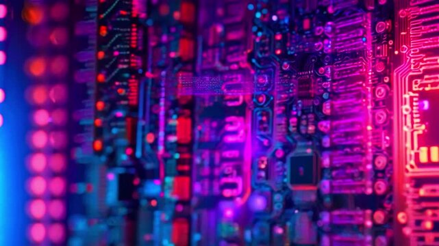 It's a close-up of a circuit board with bright pink and blue lights. The board is filled with intricate wiring and components.