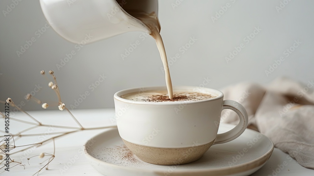 Wall mural Chai latte being poured into a white cup on a tabl