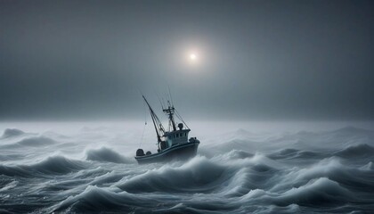 A lone fishing boat braving a foggy, freezing night at sea, surrounded by towering waves
